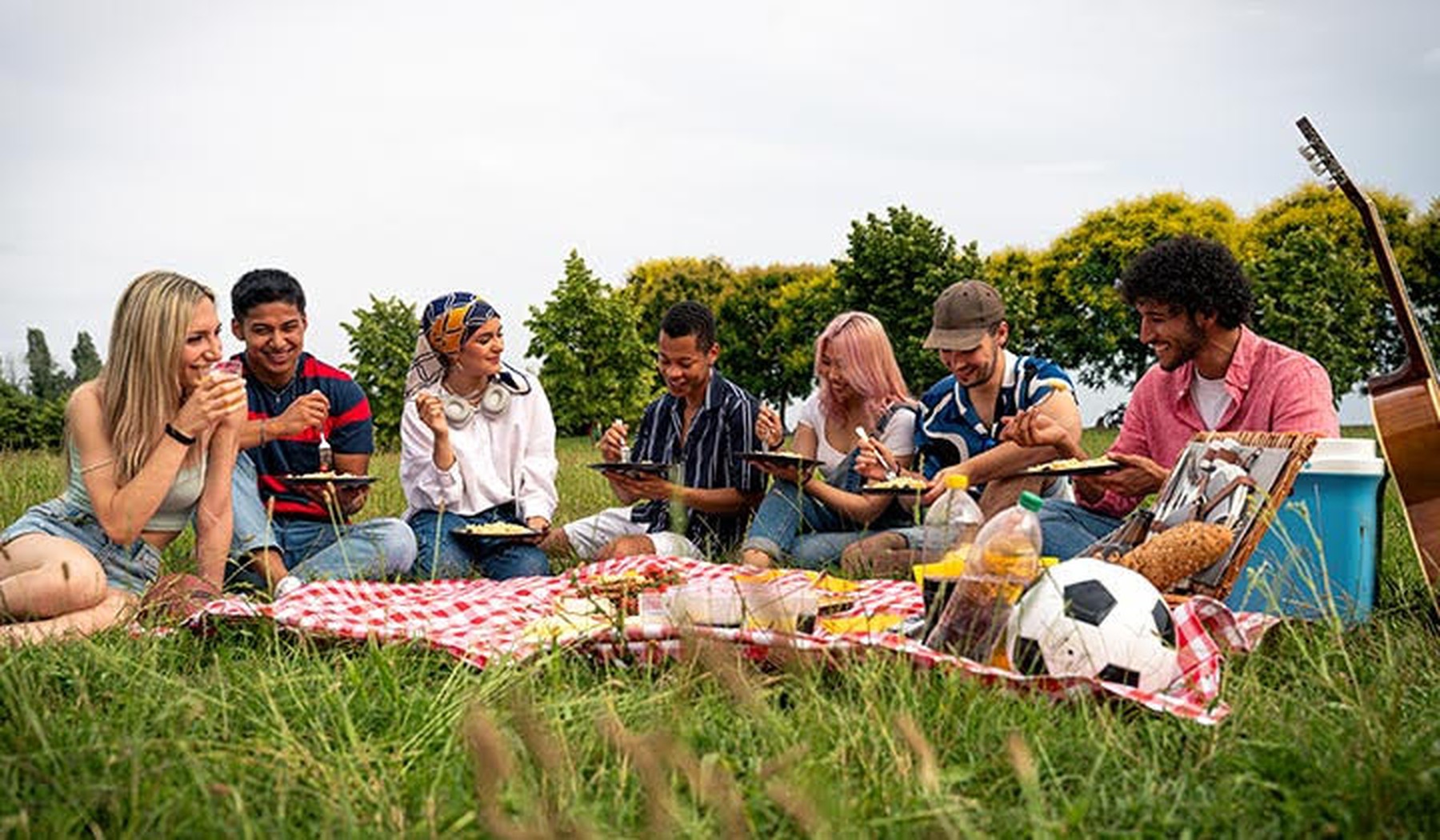 Een groep vrienden zit samen te picknicken in het gras