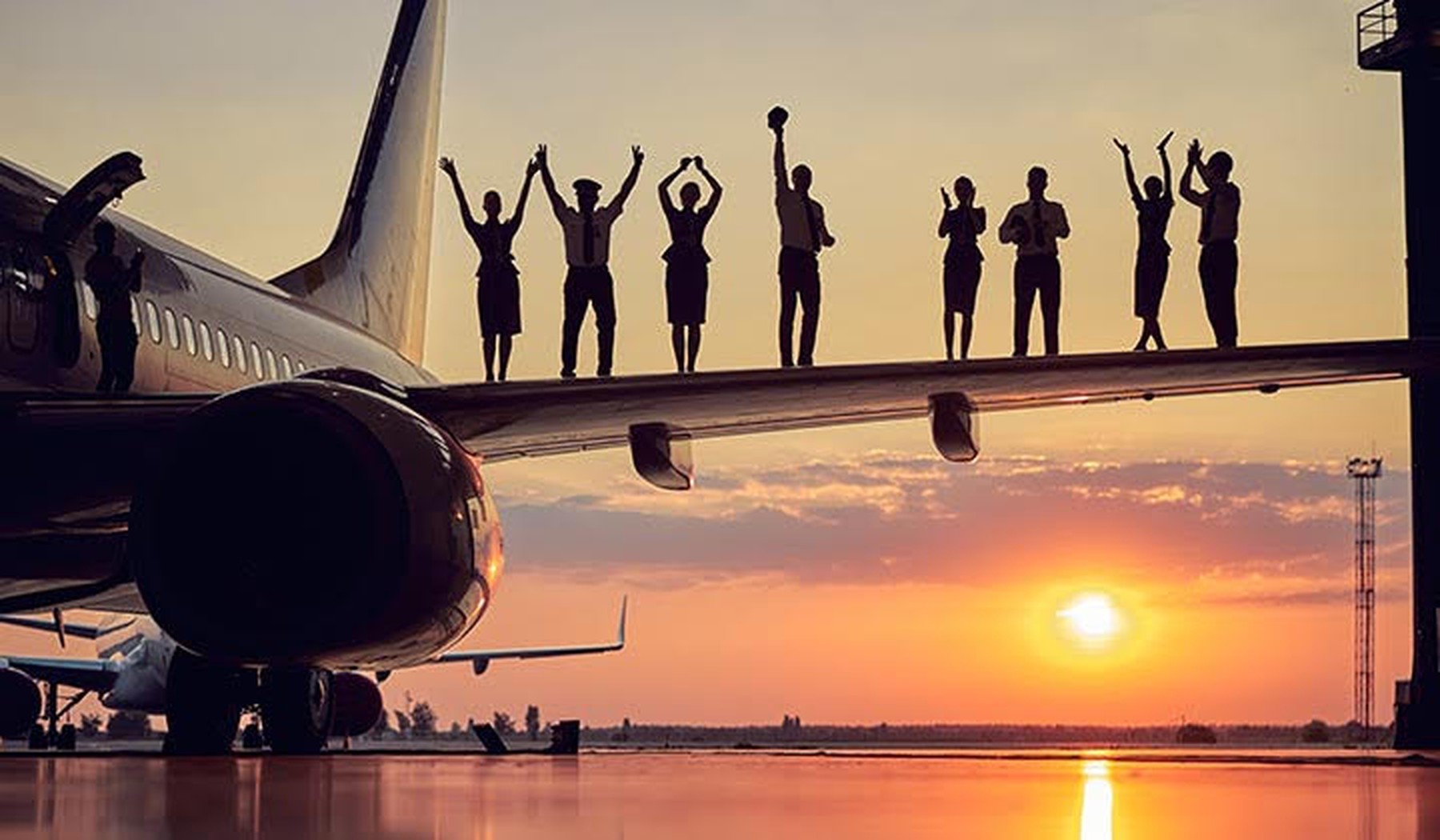 Een vliegtuig met zonsondergang, met de silhouetten van mensen die vrolijk op de vleugel staan