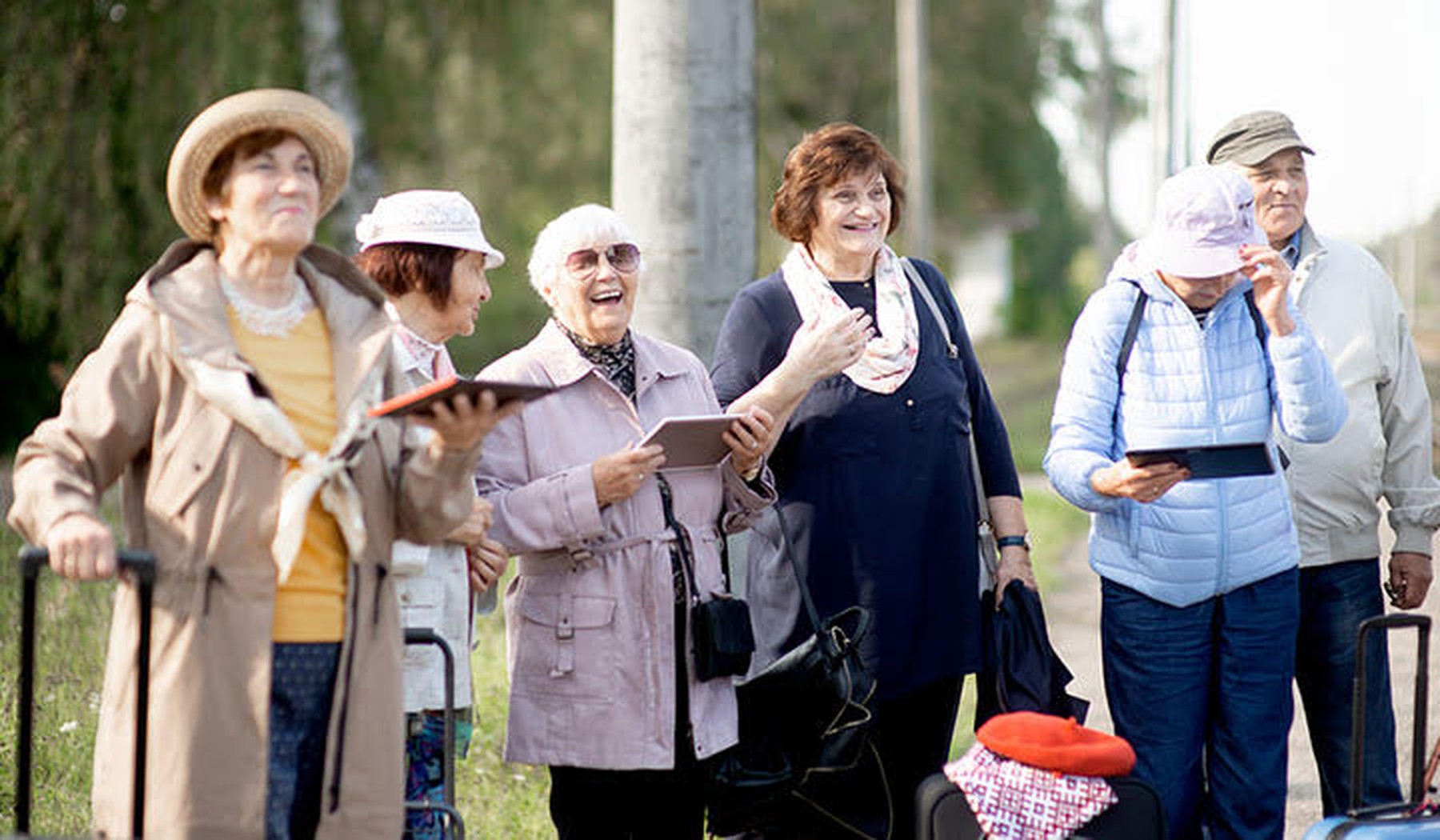 Een groepje blij uitziende, reizende senioren